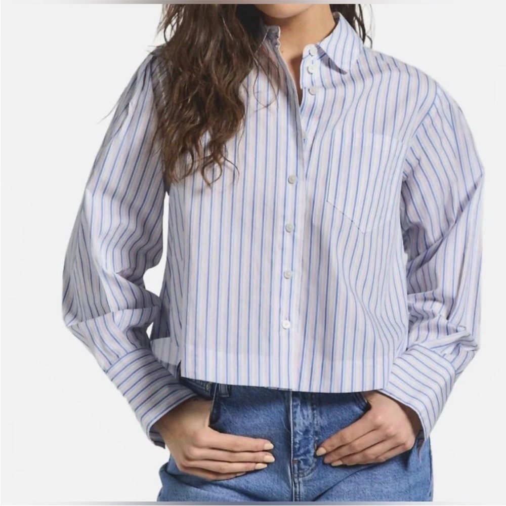 10 Crosby Derek Lam NWT  L Estrella Blue, White, & Pink Striped Button Up Shirt